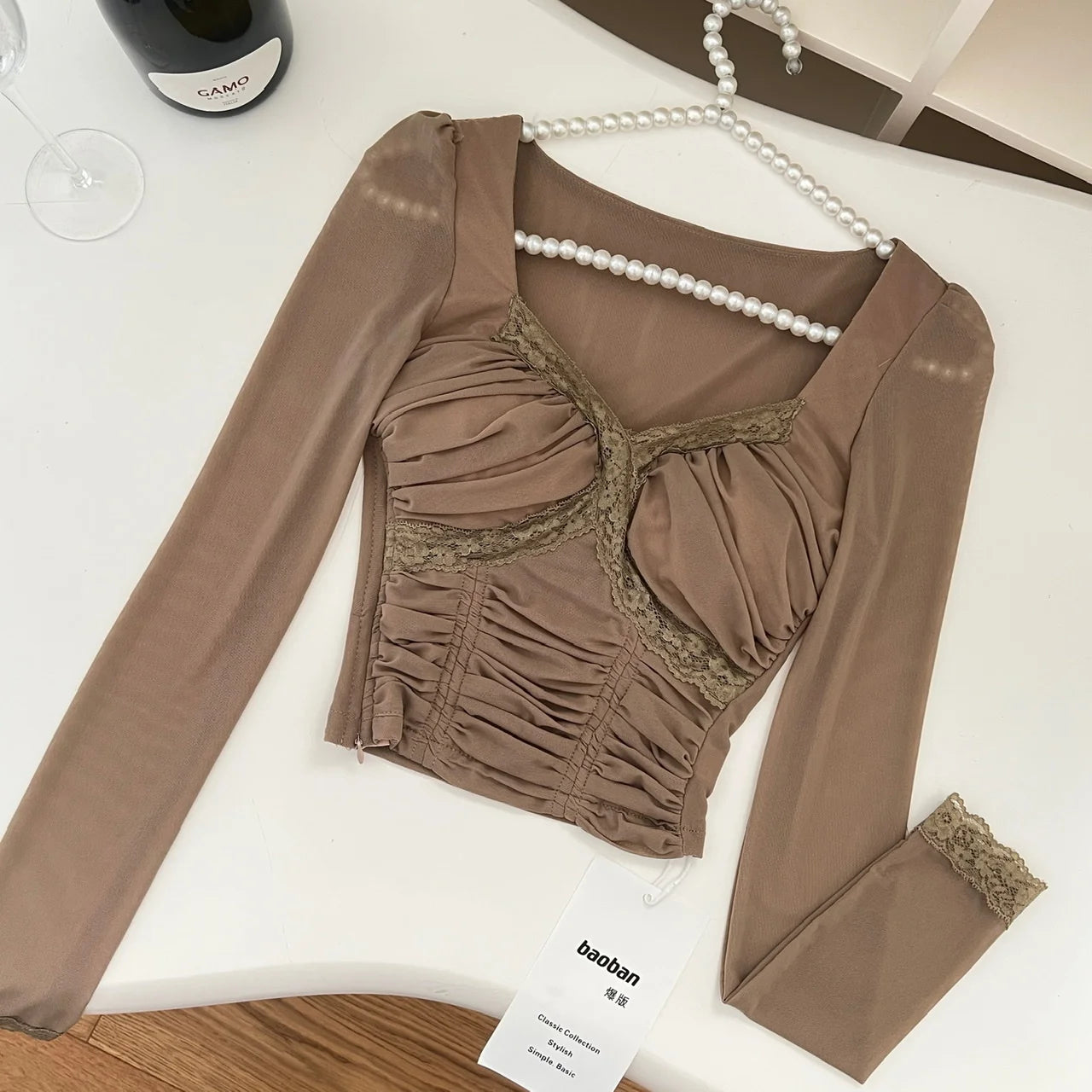 Vintage Fashion Khaki Elegant Lace Mesh Pleated Tops French Autumn Brown Square V Neck Chic Long Sleeve Festival Short T Shirt