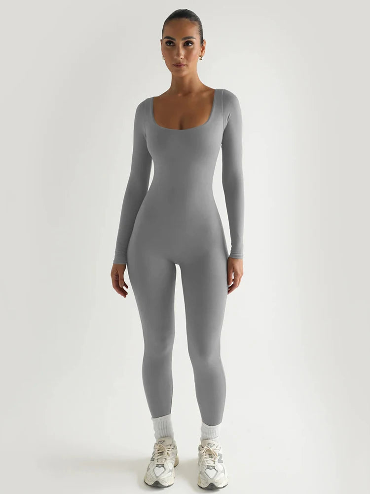 Square Neck Long Sleeve Zipper Women Jumpsuit Elastic Tight High Waist Playsuit Slim Sporty Casual Outdoor Street Romper