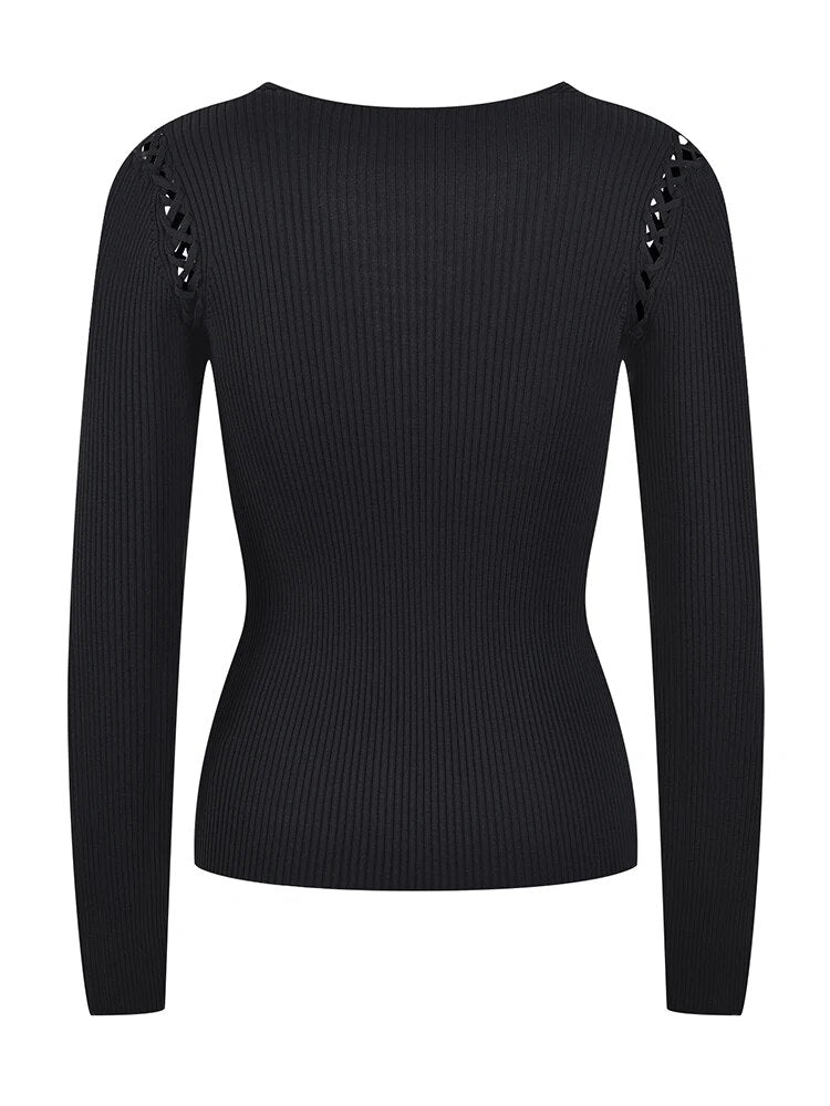 Bandage Solid Sweater For Women V Neck Long Sleeve Minimalist Cut Out Knitting Pullover Female Clothing