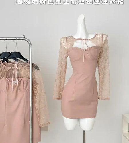 Vintage French Sweet Pink Patchwork Lace Hollow Out Short Dress Women Autumn Round Neck Elegant Long Sleeve Slim Bow Party Dress