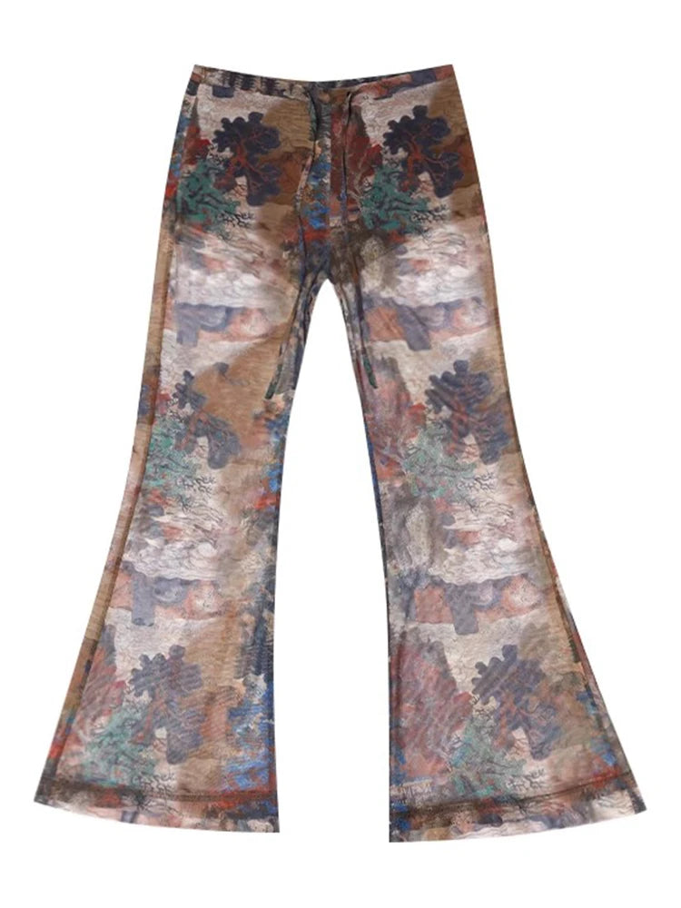 Vintage Printing Pant For Women High Waist Patchwork Mesh Casual Flare Pants Summer Female Fashion Clothing