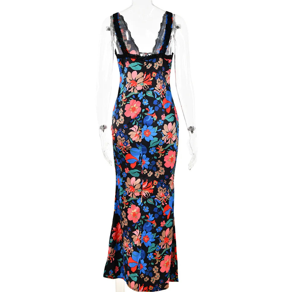 Floral Print Backless Maxi Dress For Women 2023 New V Neck Sleeveless Bodycon Long Dresses Ladies Elegant Sexy Dress