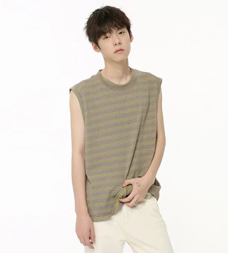 American Style Men's Tank Tops Loose Striped O-neck Sleeveless Male Casual Clothing Contrast Color Top Chic 9C6377