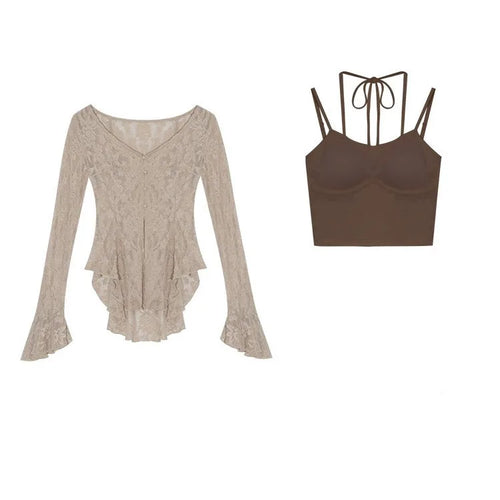 Load image into Gallery viewer, Y2k Aesthetic Two Piece Set Spring Flare Slleve Sexy Printing Cardigan + Streetwear Halter Crop Vest Top 2 Suits Summer Grunge
