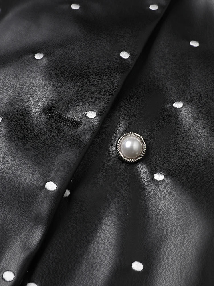 Black Dot Big Size PU Leather Jacket New O-neck Long Puff  Sleeve Women Coat Fashion Tide Spring Autumn 2025 25X2588