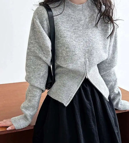 Gray Hen Zipper Big Size Knitting Sweater Round Neck Long Sleeve Women Pullovers New Fashion Spring Autumn 2025 1DH1073