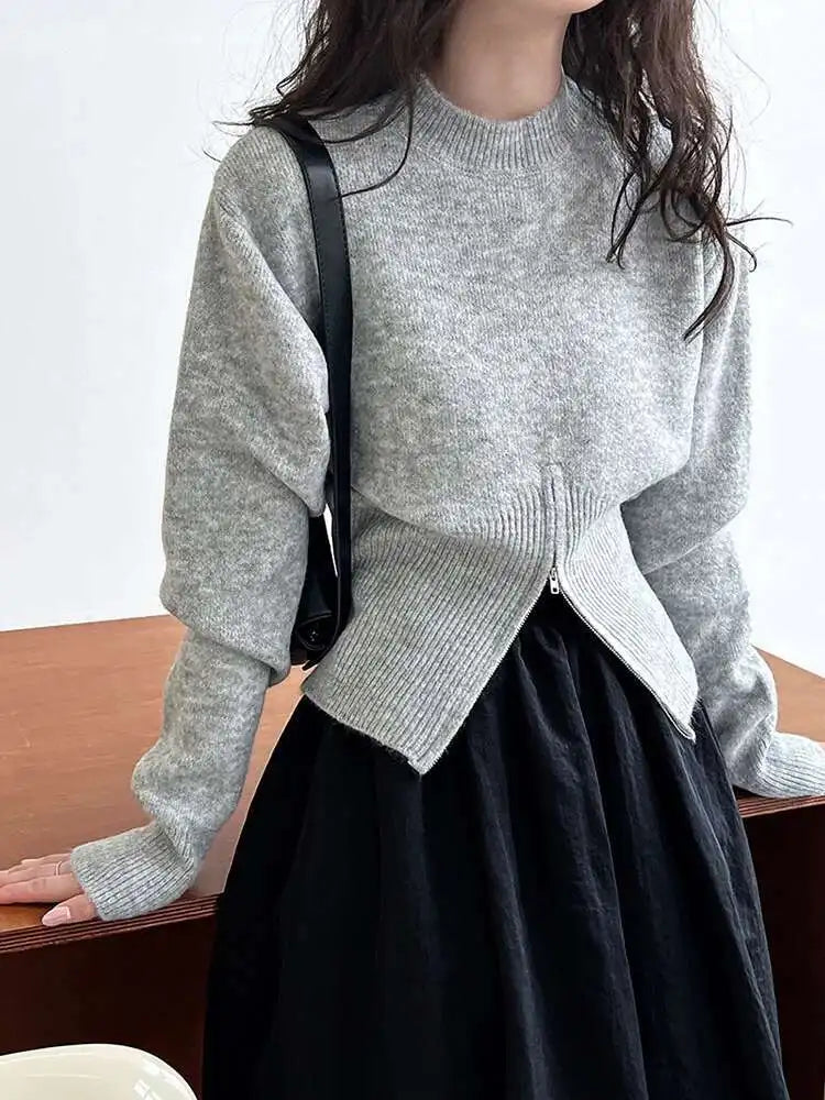 Gray Hen Zipper Big Size Knitting Sweater Round Neck Long Sleeve Women Pullovers New Fashion Spring Autumn 2025 1DH1073