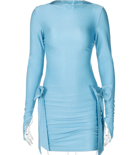 Elegant Solid Long Sleeve Backless Tie Bows Pleated Sexy Slim Mini Prom Dress Fall Winter Women Outfit Birthday Party