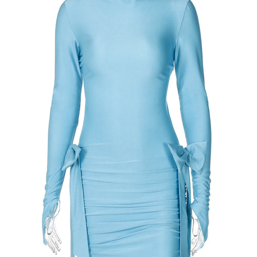 Load image into Gallery viewer, Elegant Solid Long Sleeve Backless Tie Bows Pleated Sexy Slim Mini Prom Dress Fall Winter Women Outfit Birthday Party
