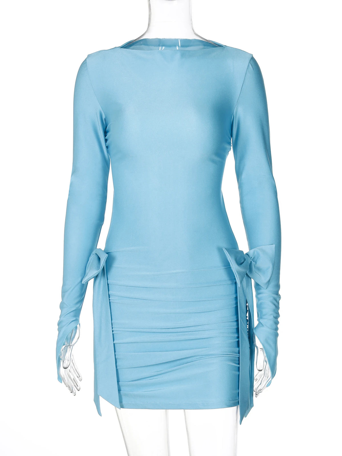 Elegant Solid Long Sleeve Backless Tie Bows Pleated Sexy Slim Mini Prom Dress Fall Winter Women Outfit Birthday Party