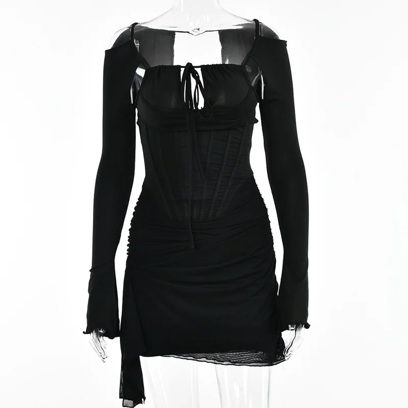 Hollow Out Spaghetti Strap Dresses Women Sexy High Waist Long Sleeve Party Outfits Solid Backless Black Fishbone Dress