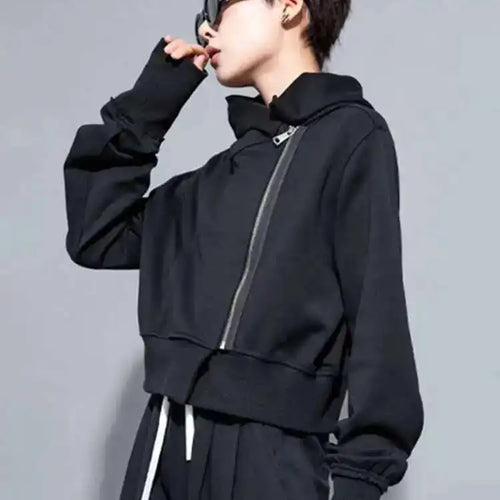 Load image into Gallery viewer, Black Zipper Irregular Big Size Short Jacket New Hooded Long Sleeve Women Coat Fashion Tide Spring Autumn 2025 1DH7062
