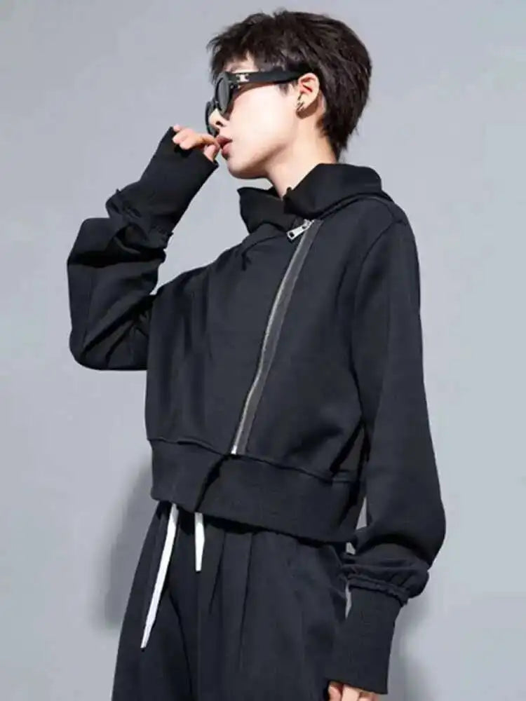 Black Zipper Irregular Big Size Short Jacket New Hooded Long Sleeve Women Coat Fashion Tide Spring Autumn 2025 1DH7062