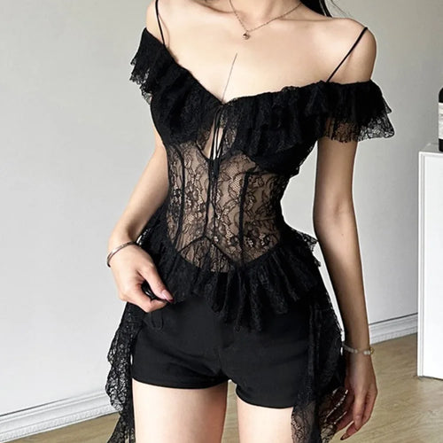 Load image into Gallery viewer, 2025 Y2k Aesthetic Lace Irregular Tops Vintage Harajuku Hollow Out Summer T-Shirt Streetwear See Through Shirt Fairy Bandage Tee
