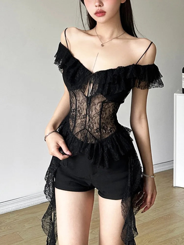 2025 Y2k Aesthetic Lace Irregular Tops Vintage Harajuku Hollow Out Summer T-Shirt Streetwear See Through Shirt Fairy Bandage Tee