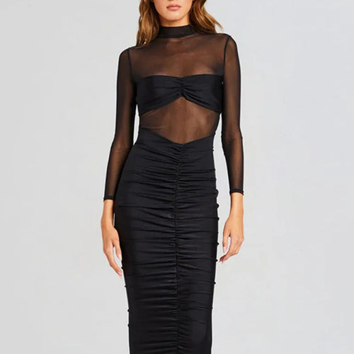 Load image into Gallery viewer, Elegant Long Sleeve Mesh Patchwork Bodycon Party Club Evening Dress Women Winter New 2025 Sexy Tight Perspective Vestido
