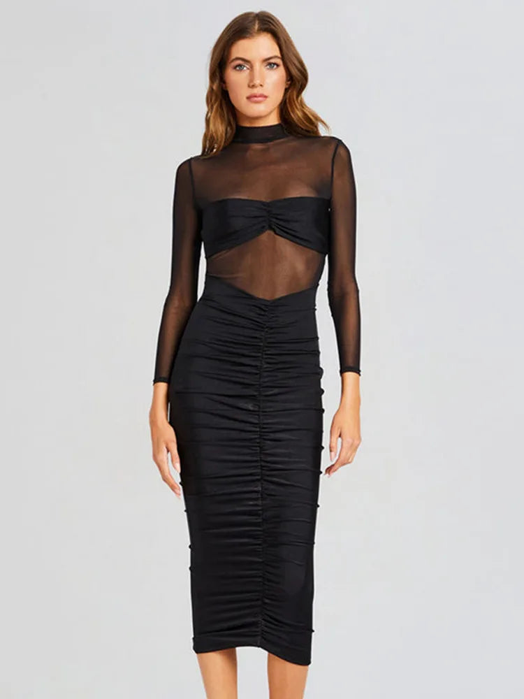 Elegant Long Sleeve Mesh Patchwork Bodycon Party Club Evening Dress Women Winter New 2025 Sexy Tight Perspective Vestido