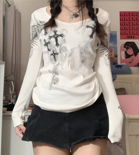 2000s Aesthetic T Shirt Graphic Cross Wings Print Long Sleeve Tops y2k Women Clothes Fairycore Grunge Tee Streetwear