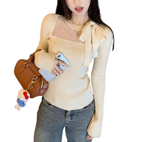 Load image into Gallery viewer, y2k Fairycore Top Women Clothing Solid Color Tie Bow Round Neck Long Sleeve Knitted T Shirt 2000s Clothes Streetwear
