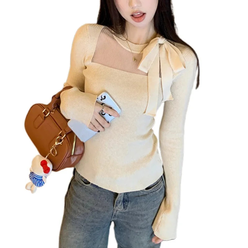 y2k Fairycore Top Women Clothing Solid Color Tie Bow Round Neck Long Sleeve Knitted T Shirt 2000s Clothes Streetwear
