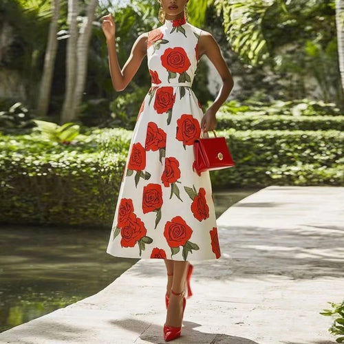 Load image into Gallery viewer, Summer Dress Woman 2025 Elegant Stand Collar Sleeveless Skinny Flower Print Pleats Cocktail Party Midi Dress for Women
