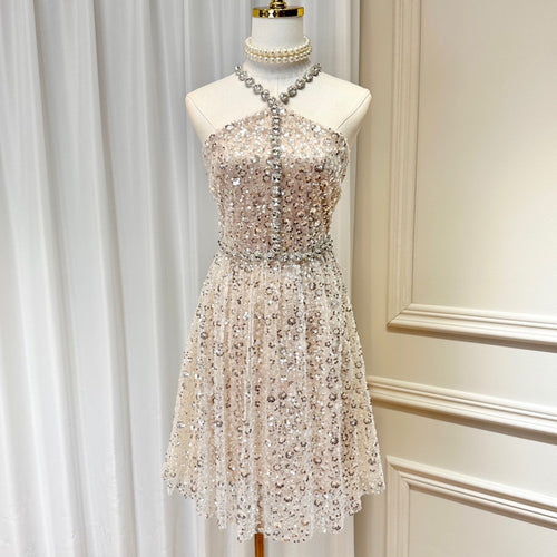 Load image into Gallery viewer, Spliced Diamond Dresses For Women Halter Sleeveless High Waist Patchwork Sequins Mini Dress Female Fashion Clothing
