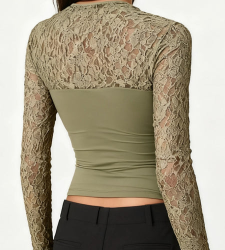 y2k Tops Women Sheer Lace Patchwork Round Neck Long Sleeve T Shirts Streetwear