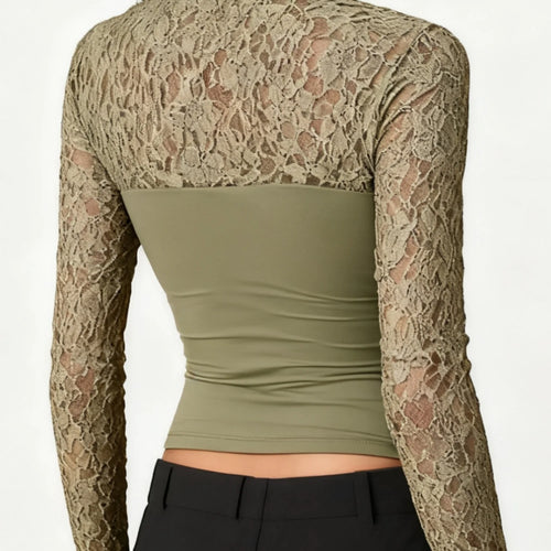 Load image into Gallery viewer, y2k Tops Women Sheer Lace Patchwork Round Neck Long Sleeve T Shirts Streetwear
