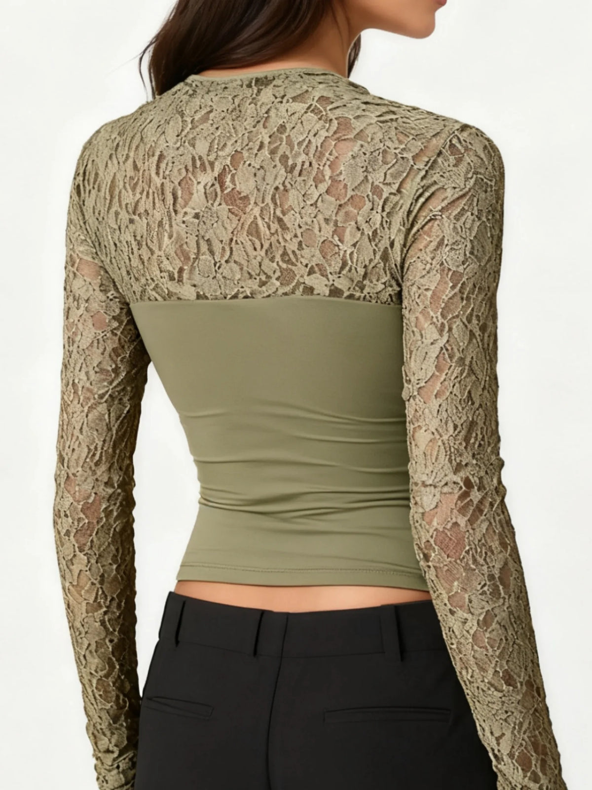 y2k Tops Women Sheer Lace Patchwork Round Neck Long Sleeve T Shirts Streetwear