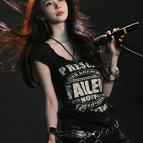 Load image into Gallery viewer, Letter Print t-Shirts Women Low-Neck Snap Sleeves Skinny Hip-Hop Style Summer Hip-Hop Style Daily Versatile Classic Tops
