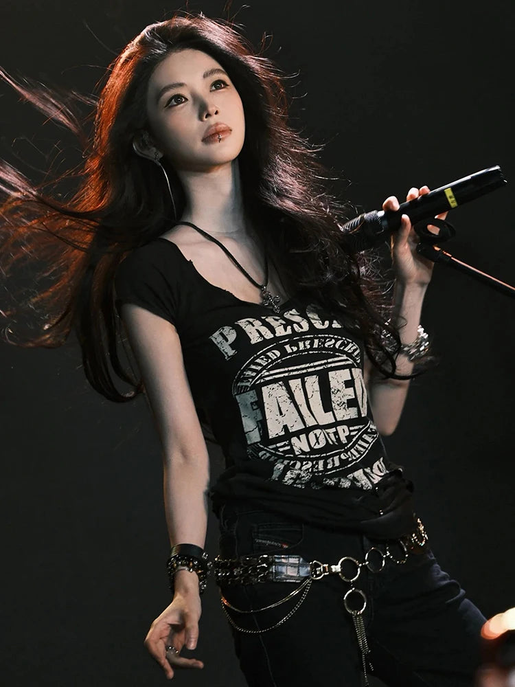 Letter Print t-Shirts Women Low-Neck Snap Sleeves Skinny Hip-Hop Style Summer Hip-Hop Style Daily Versatile Classic Tops