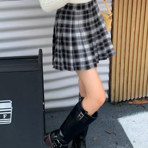 Load image into Gallery viewer, Korean Style Women's Black Plaid High Waist Corduroy Pleated Short Skirt Autumn Winter Ladies Retro Red Elegant Sexy Mini Skirts
