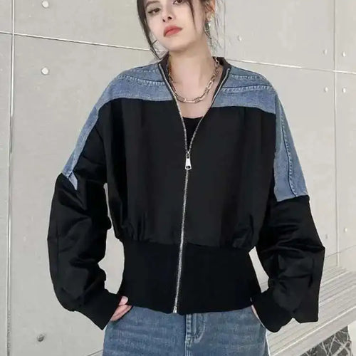 Load image into Gallery viewer, Black Denim Color-block Big Size Casual Jacket New V-neck Long Sleeve Women Coat Fashion Tide Spring Autumn 2025 1DH1842

