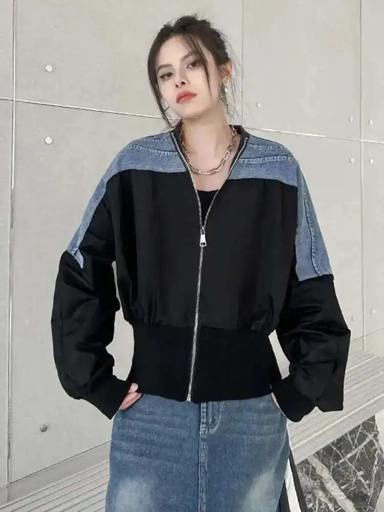 Black Denim Color-block Big Size Casual Jacket New V-neck Long Sleeve Women Coat Fashion Tide Spring Autumn 2025 1DH1842