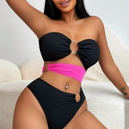 Load image into Gallery viewer, Block Color Cut Out Bandeau Metal Rings Women Swimwear One Piece Swimsuit 2024 Bathing Suit High Waist Monokini
