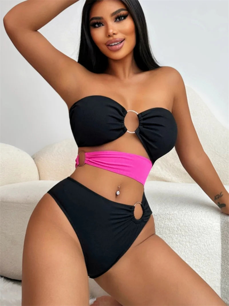 Block Color Cut Out Bandeau Metal Rings Women Swimwear One Piece Swimsuit 2024 Bathing Suit High Waist Monokini