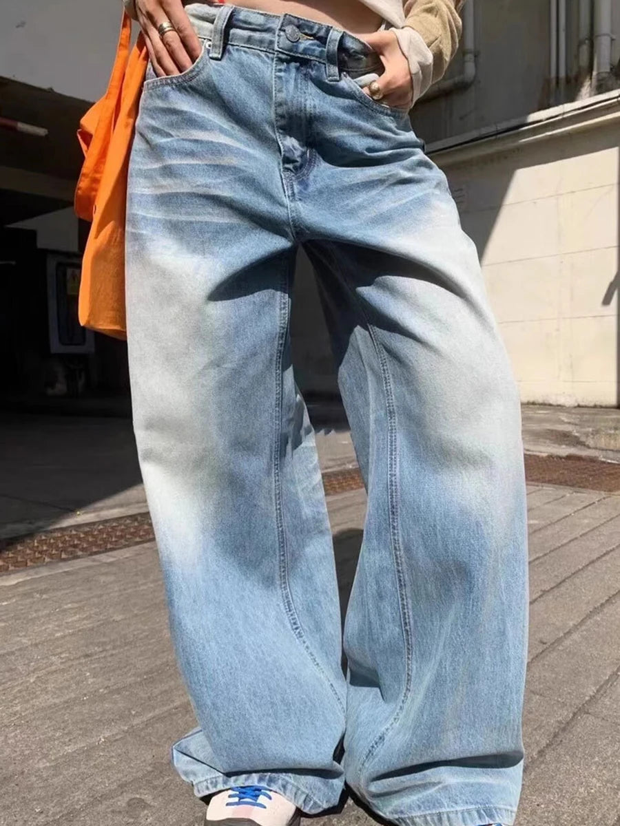 Gradient Loose Versatile Casual Jeans for Women High Wasit Patchwork Pockets Fashion Wide Leg Jean Female Clothing