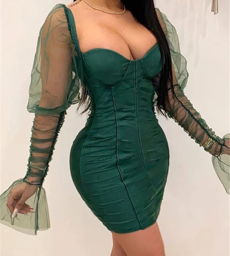 Sexy Mesh Puff Sleeve Party Dress Women Low Collar Backless Patchwork Red Mini Dress Nightclub 2020 Spring Vestidos