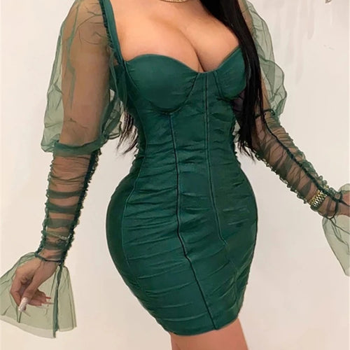 Load image into Gallery viewer, Sexy Mesh Puff Sleeve Party Dress Women Low Collar Backless Patchwork Red Mini Dress Nightclub 2020 Spring Vestidos
