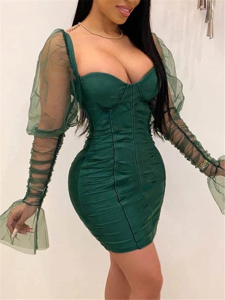 Sexy Mesh Puff Sleeve Party Dress Women Low Collar Backless Patchwork Red Mini Dress Nightclub 2020 Spring Vestidos