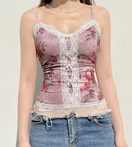 y2k Crop Top Women Fairycore Clothing Floral Print V Neck Spaghetti Strap Sleeveless Camisole 2000s Clothes Streetwear