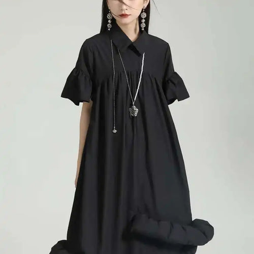 Load image into Gallery viewer, Women White Pleated Hem Ruffles Big Size Shirt Dress New Lapel Short Sleeve Loose Fit Fashion Spring Summer 2025 1DF7190
