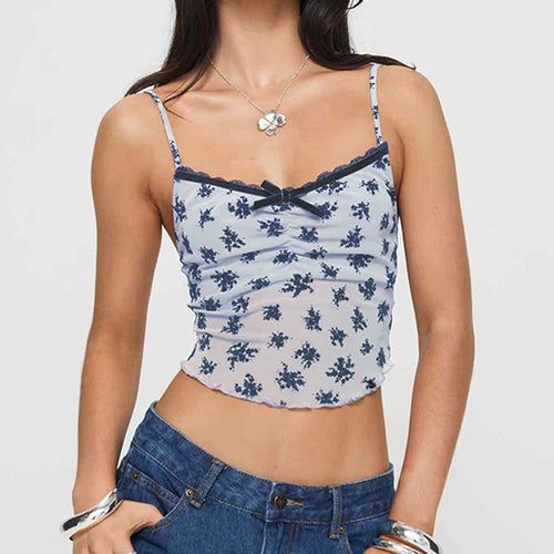 Load image into Gallery viewer, Fashion Printed Sexy Mesh Top Camisole Lace Trim Bow Transparent Slim Folds Summer Cropped Top Female Y2K Clothes New
