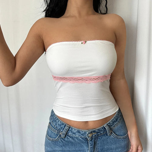 Load image into Gallery viewer, Korean Fashion Lace Trim Off Shoulder Crop Top Female Sweet Kawaii Appliques ﻿Bodycon Strapless Sexy Y2K Tops Bandeau
