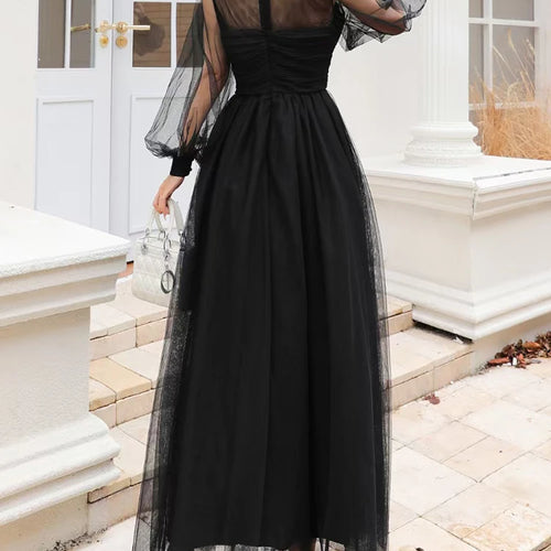 Load image into Gallery viewer, Spliced Mesh Elegant Dresses For Women Stand Collar Lantern Sleeve High Waist Temperament Long Dress Female Fashion
