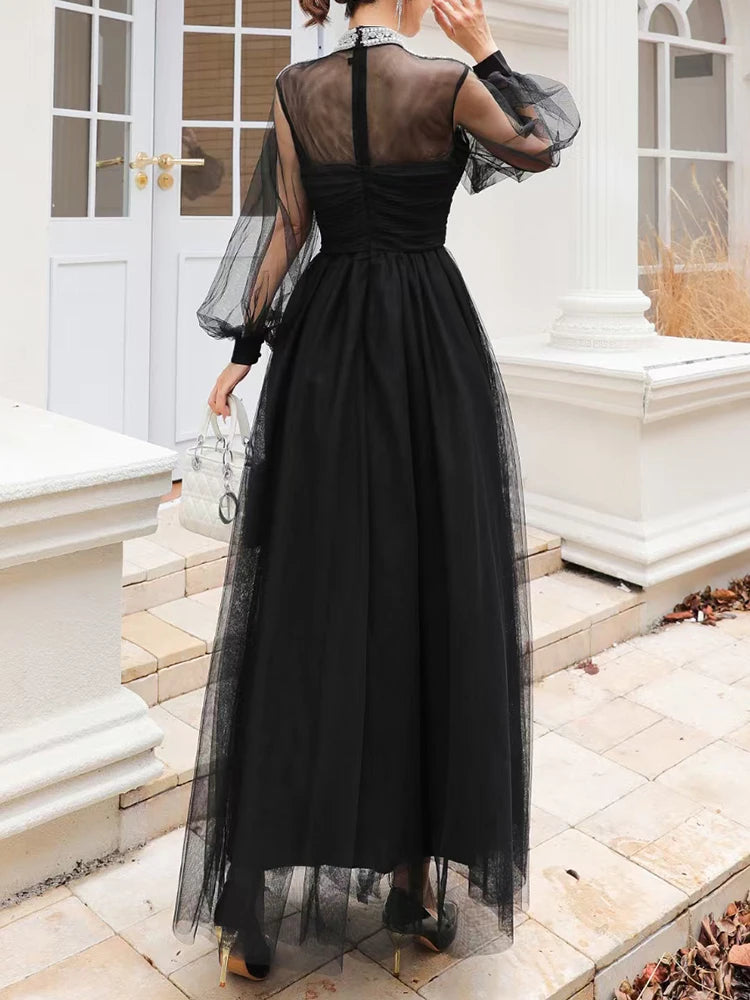 Spliced Mesh Elegant Dresses For Women Stand Collar Lantern Sleeve High Waist Temperament Long Dress Female Fashion