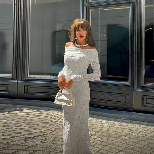 Load image into Gallery viewer, Lace Off-shoulder Sexy Maxi Dress For Women White Strapless Long Sleeve Backless Bodycon Club Party Sexy Long Dress
