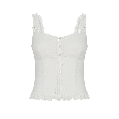 Load image into Gallery viewer, Y2K Aesthetics Hollow Out Lace Patchwork Camisole Women Summer Fold With Buttons Slimming Tops Cute Frill Trim Design

