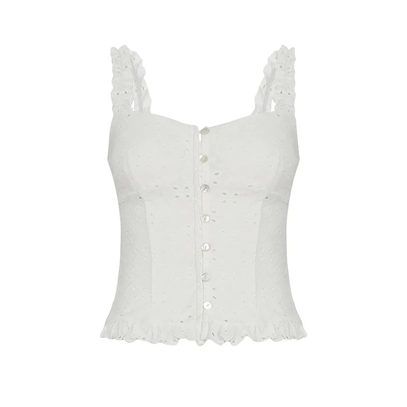 Y2K Aesthetics Hollow Out Lace Patchwork Camisole Women Summer Fold With Buttons Slimming Tops Cute Frill Trim Design