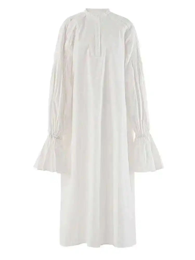 Women White Big Size Elegant Shirt Dress New Stand Collar Long Flare Sleeve Fashion Tide Spring Autumn 2025 CPDB216